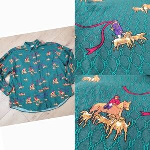 Vintage Picone Sport Equestrian Fox Hunt Size L Green Horse Rider Dog Print Top